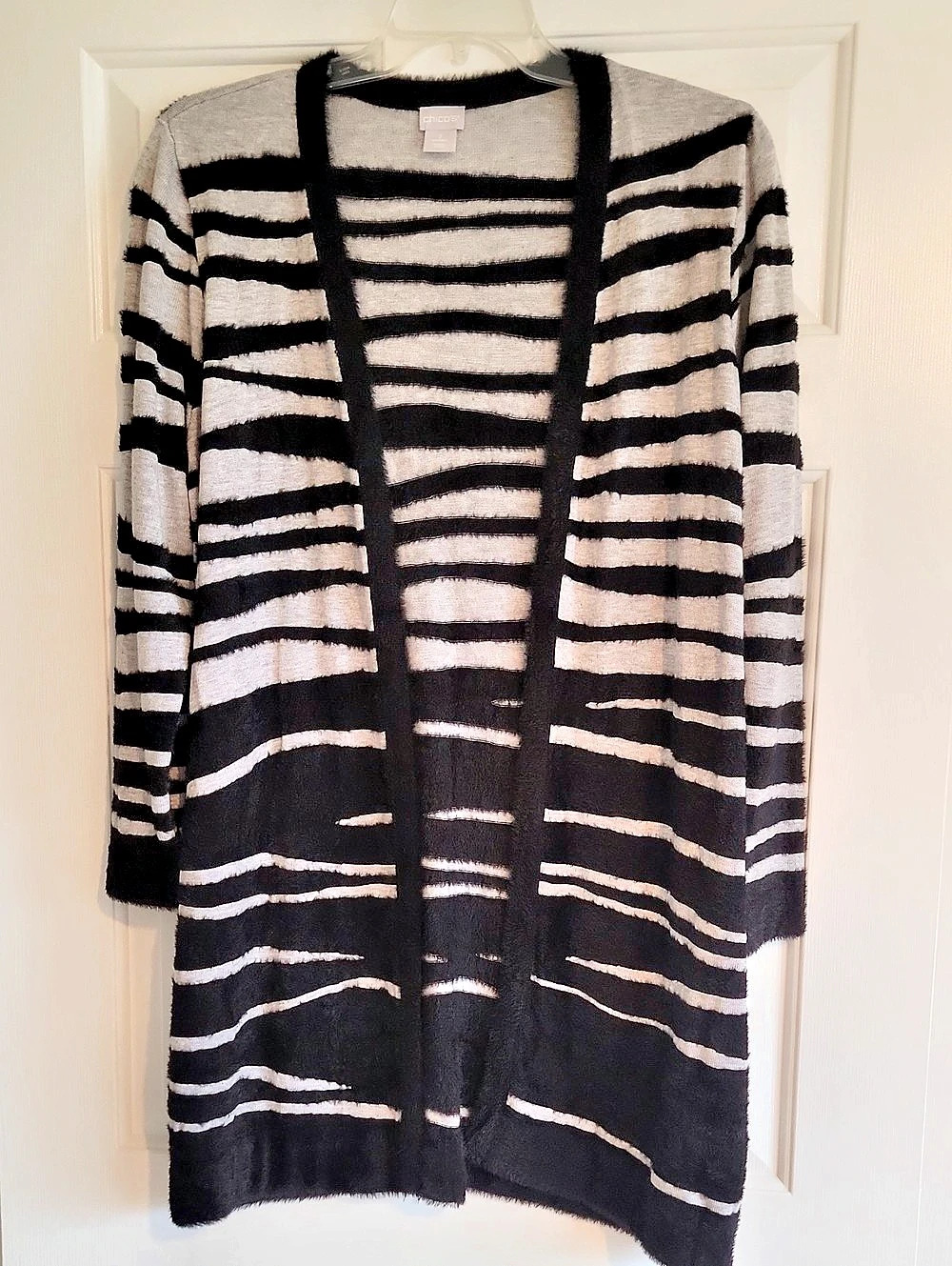 Chico's Colorblock Maxi Cardi Striped Cardigan Black & Gray Size 2 (Large)